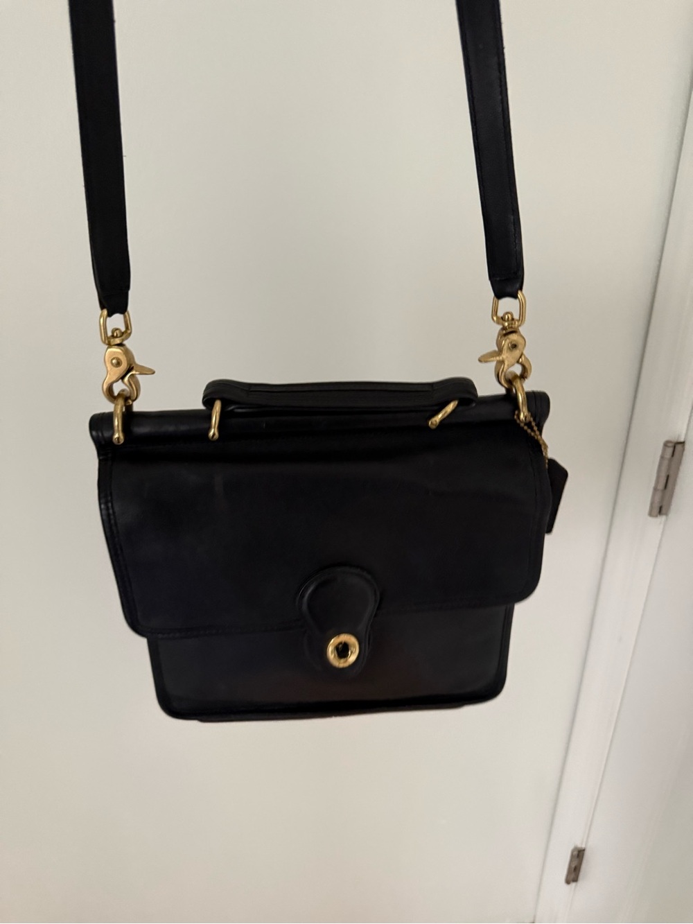 Vintage Coach Court Bag Black Leather Crossbody with Gold Hardware